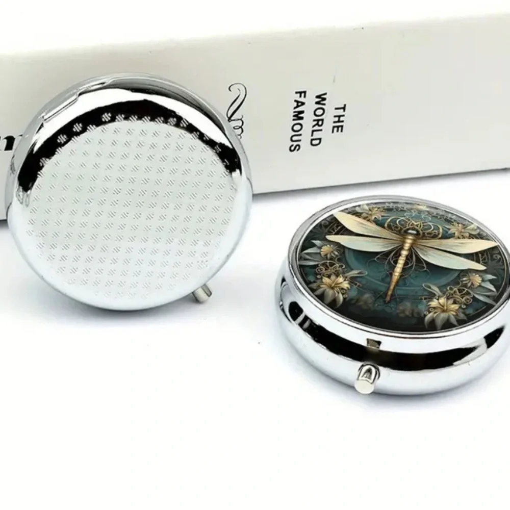 Teal Gold Dragonfly Pill Box Mirror 3 Compartment Travel Case